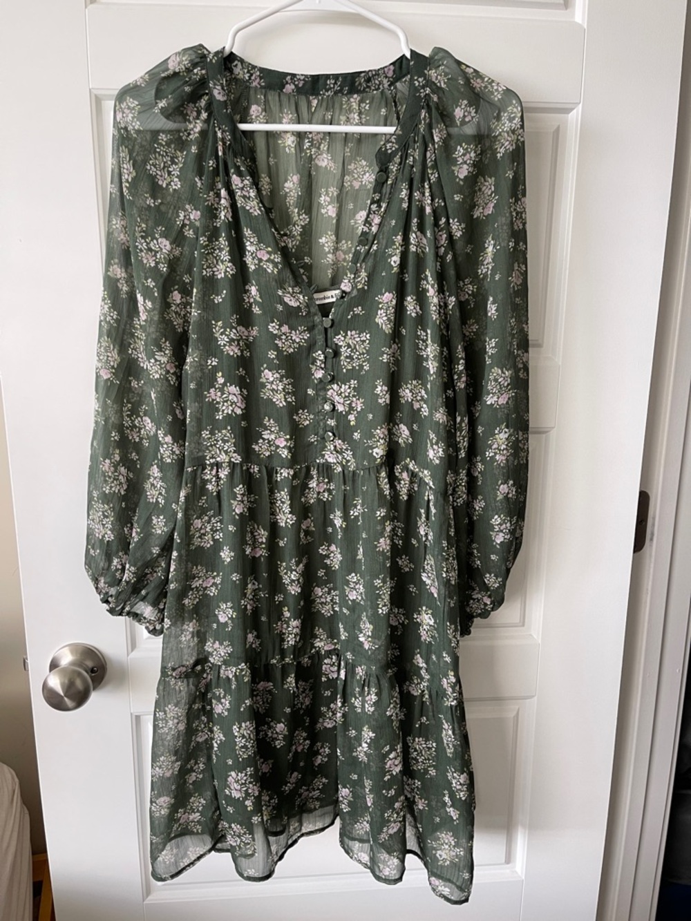 Abercrombie & Fitch Olive Green Floral Long-Sleeve Tiered Dress